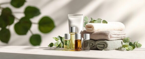 The elegant arrangement of spa products and towels for a soothing experience