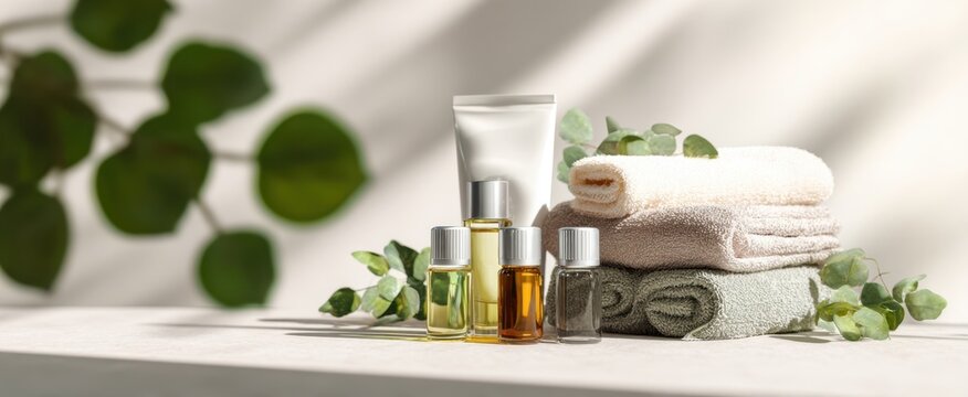 The elegant arrangement of spa products and towels for a soothing experience