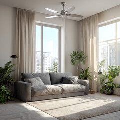 Sofa in Bright Living Room with Windows, Curtains, and Various Indoor Plants