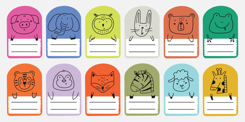 Cute school name tag sticker with animals set. Animal character label card frame collection. Cartoon vector illustration