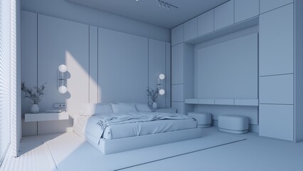 Luxury Bedroom Clay render, Lighting Study, Neutral White, 8K render