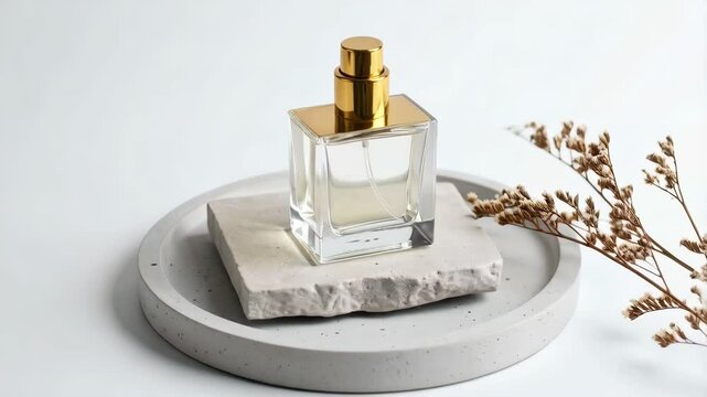 Elegant perfume bottle with gold cap rests on concrete platform, presented with dried flower sprig against white studio backdrop