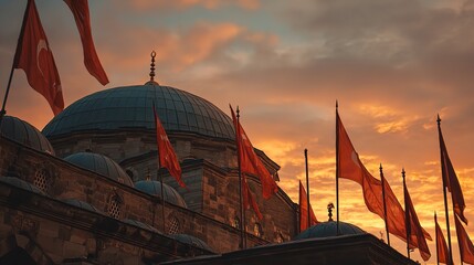 Obraz premium Captivating sunset over a historic Ottoman mosque flags waving in national pride ancient architecture bathed in golden