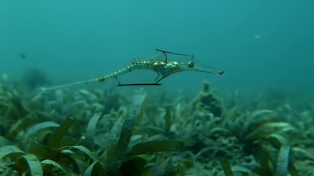 Delicate Ghost Pipefish Swimming Among Green Eelgrass in Clear Ocean Water with Defacts