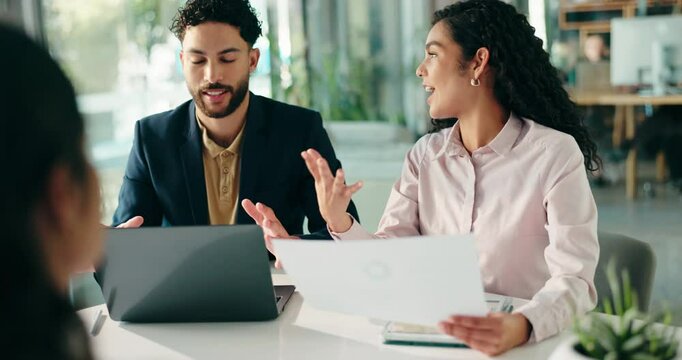 Meeting, documents and business people with candidate in office for resume review in job interview. Discussion, hiring and HR managers with applicant for corporate recruitment process in workplace.