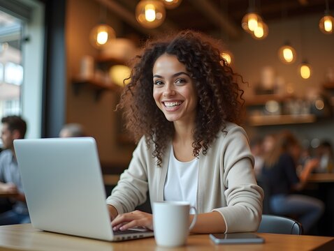 Smiling young woman with curly brown hair sitting at a table in a busy cafe, working on a laptop with a coffee cup nearby.