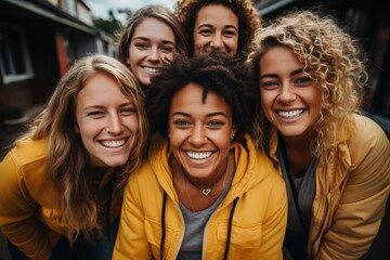 Obraz premium A vibrant and joyful group of five women in matching casual yellow jackets posing happily, showcasing diversity, friendship, and the perfect blend of relaxed style and connection.