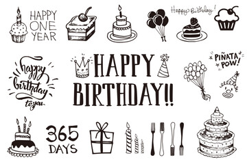 Monochrome Birthday Illustration: One Year Celebration Packed Elements