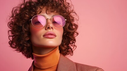 Obraz premium A confident woman showcases her elegance and style in front of a soft pink background, the vibrant colors enhancing her beauty and artistic vibe in a modern world.