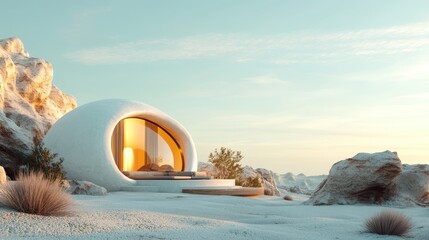 A unique futuristic dome house sits amidst a serene desert landscape, highlighted by soft colors and natural formations, embodying modern architecture and tranquility.
