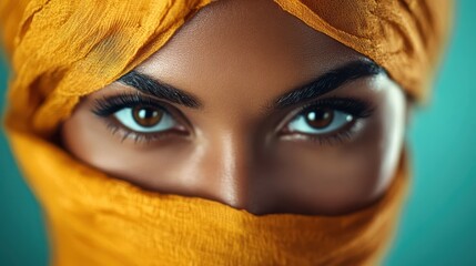 A captivating close-up reveals the striking eyes of a woman partially veiled by a yellow scarf, embodying beauty and mystery while inviting viewers to contemplate cultural depth and identity.