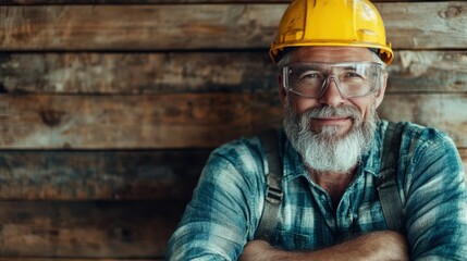 A skilled craftsman wearing a yellow hard hat and safety glasses stands confidently against a rustic wooden background, showcasing pride and expertise in his field of work.