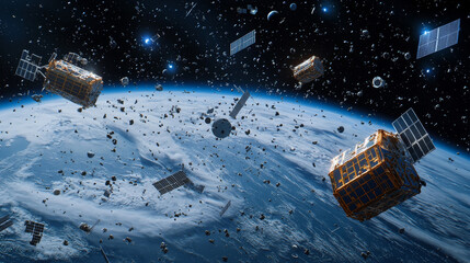 Illustration of numerous satellites orbiting Earth, amidst an expanse of space debris, showcasing a congested low Earth orbit