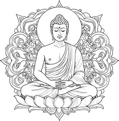 Contemplative Buddha Illustration in Meditation on Lotus Flower with Detailed Mandala Background.