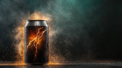 An explosive image of an energy drink can surrounded by vibrant sparks and smoke, conveying excitement and a thrilling lifestyle for sports enthusiasts.