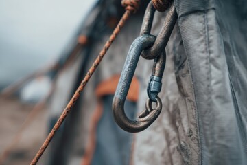 Close-up view of a carabiner securing a tent line under a soft gray sky during an outdoor adventure in nature's embrace &ndash; commercial concept image