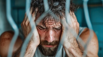 A distressed man with a scruffy appearance is holding his head in anguish, encapsulating a profound expression of human struggle and emotional turmoil.