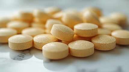 A detailed close-up view of yellow tablets scattered on a smooth surface, representing health and wellness, with a focus on pharmaceutical products and their importance.