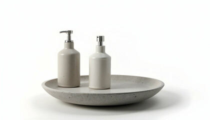 Obraz premium Ceramic Soap Dispensers on Concrete Tray Minimalist Product Photography