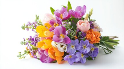 Obraz premium A colorful bouquet of flowers, including tulips, freesias, and crocuses, arranged on a white background.