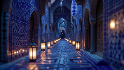 A majestic moroccan corridor adorned with lit lanterns creating a mystical atmosphere