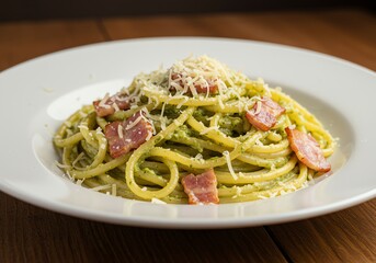 Authentic Italian pasta (carbonara or pesto) with grated parmesan, shallow depth of field