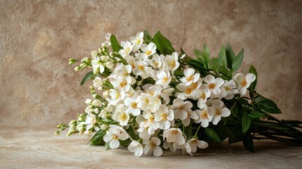 A bouquet of white flowers with green leaves on a textured beige background.