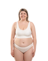 Obraz premium Weight loss. Plus size woman in underwear on white background