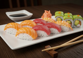 Sushi platter with fresh salmon, tuna, and avocado rolls, chopsticks and soy sauce on the side