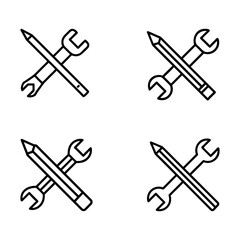 Wrench and Pencil Crossed Icon Set – Outline Tools Vector