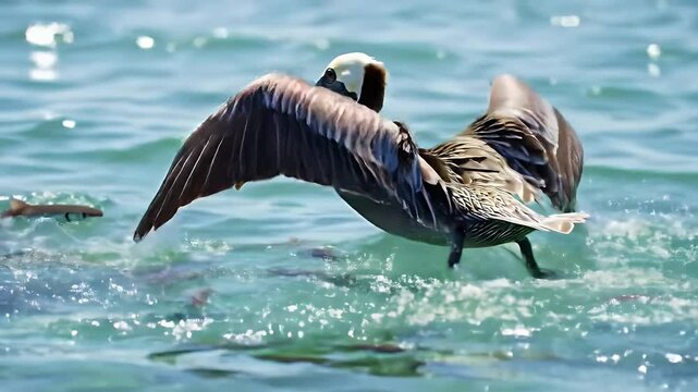Pelican Diving into Turquoise Sea with Fish in Sunny Daylight Water Contains Logo
