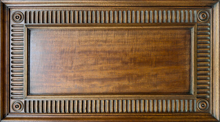 Elegant Antique Wooden Frame with Ornate Carvings and Glossy Finish. Wood Texture Background with copy-space.