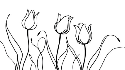 Abstract linear composition with flowing, undulating stems and simplified floral forms (tulips, abstract flowers).