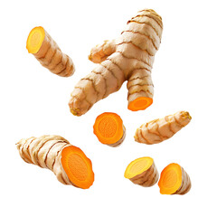 Fresh turmeric roots and slices floating isolated on white or transparent png