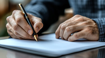 A man is writing with a pen on a piece of paper. Concept of professionalism and focus, as the man is likely writing an important document or note.