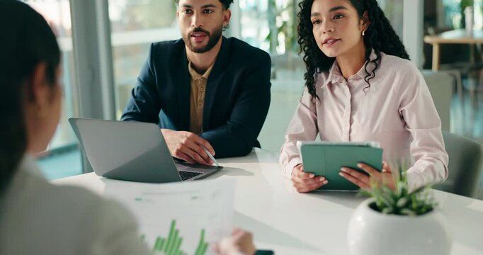 Finance, business people or meeting with graph paperwork for stats analysis, kpi update or review. Financial analyst, tech or stakeholder feedback for growth performance, budget forecasting or trends