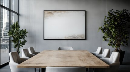A sleek and minimalistic conference room showcases a large wooden table surrounded by elegant chairs, representing innovation, collaboration, and modern business aesthetics.