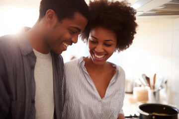 Joyful couple cooking together in a bright kitchen during a sunny afternoon