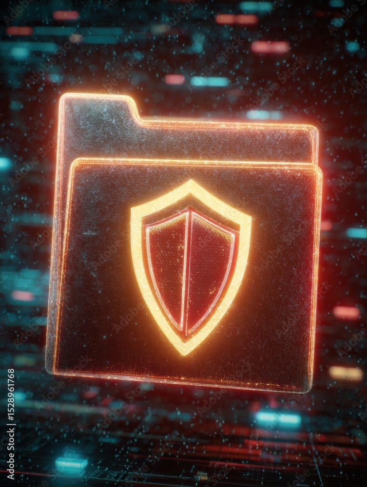 Poster Glowing Encrypted Folder Icon With Shield Symbol in Dark Cyberspace Highlights Security and Data Protection