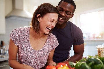 Couple enjoying cooking time together in a bright kitchen while laughing and preparing a meal with fresh vegetables