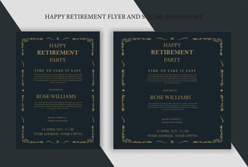 Set of retirement party invitation, square banner, instagram story and a4 poster, vector illustration Retirement Flyer Design Template. Retirement Party Invitation Layout, square banner, and a4 poster
