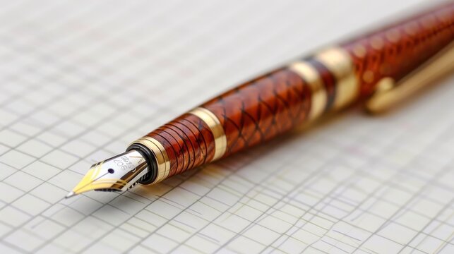 Close-up of a luxurious fountain pen resting on a softly textured grid paper, combining the timeless art of writing with elegance and craftsmanship in a refined setting.