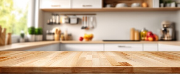 Fototapeta premium The beautiful wooden countertop in a modern kitchen with bright natural light.