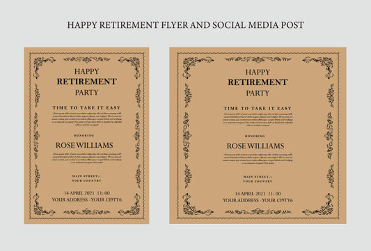 Set of retirement party invitation, square banner, instagram story and a4 poster, vector illustration Retirement Flyer Design Template. Retirement Party Invitation Layout, square banner, and a4 poster