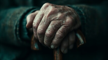 Fototapeta premium An elderly hand gripping a cane reflects on life s journey showing wisdom and resilience in aged skin with dark moody