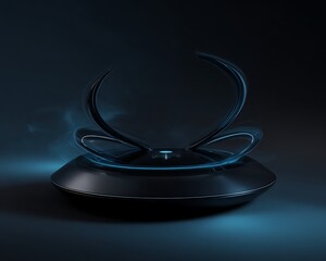 plasma cyan wireless charging ring with floating arcs deep shadow detail minimal futuristic tabletop design