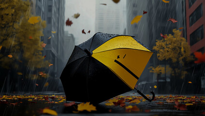 A black and yellow umbrella lies abandoned on the wet sidewalk in front of a dark, cloudy city street surrounded by silent buildings and picturesque urban surroundings.