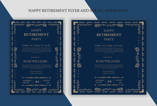 Set of retirement party invitation, square banner, instagram story and a4 poster, vector illustration Retirement Flyer Design Template. Retirement Party Invitation Layout, square banner, and a4 poster