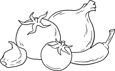 A hand-drawn illustration of fresh vegetables, including tomatoes, an onion, garlic, and a chili. Perfect for culinary themes, recipe designs, farmer's markets, or healthy eating promotions.
