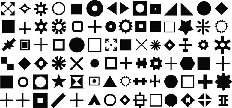 Collection of Black and White Geometric Shapes, Icons, and Design Elements Arrayed on a White Background